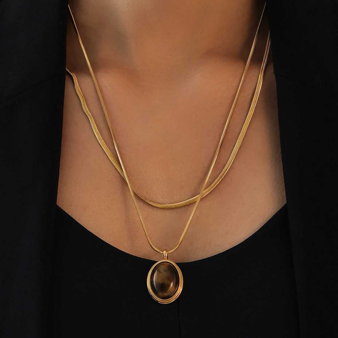 Gorgeous Oval Beaded Pendant Stainless Steel Necklace for Women Nature tiger-eye Stones Gold Plated Luxury Chain Jewelry Gift W250611-image-1061511048
