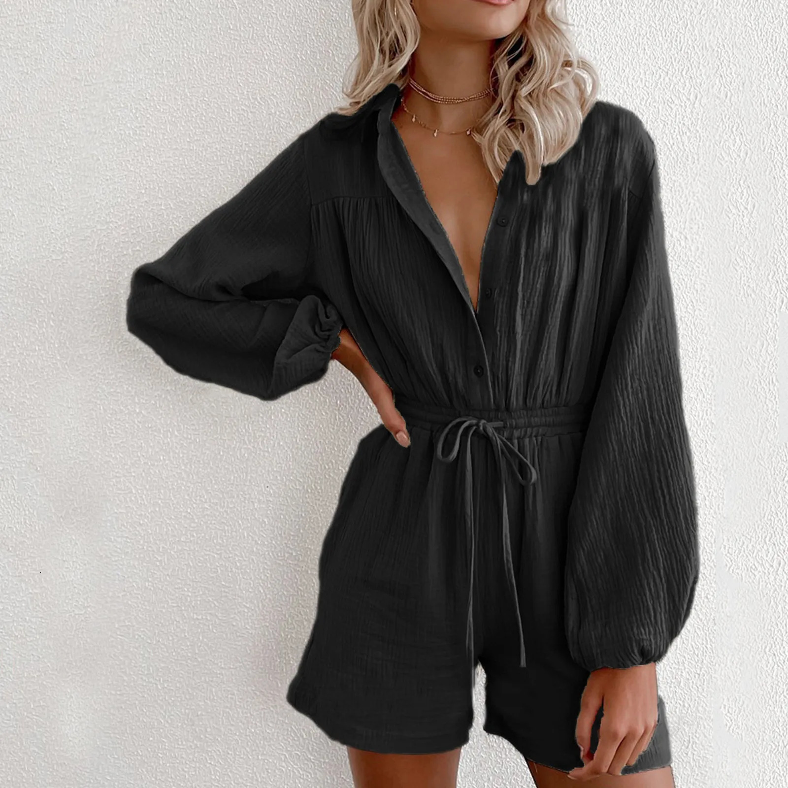 Women Fashion VNeck Button Down Shorts Romper Summer Black White Cotton Linen Drawstring Playsuits Casual Lace Up Jumpsuits 250609