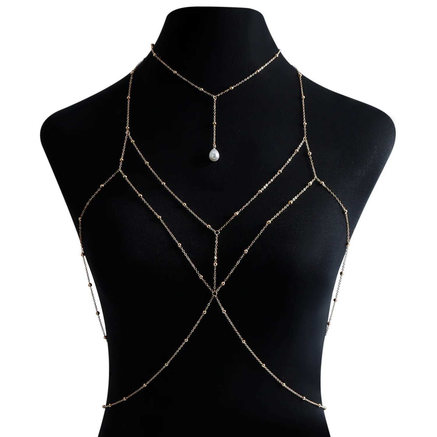 Fashion High-end Sense Imitation Pearl Pendant Chest Chain Body Chain Female Sexy Hot Girl Body Chain Neck Necklace Adjustable C W250611-image-1061510988