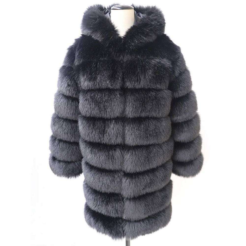 Women's Faux Fur Coat, Streetwear Hooded Jacket - Long Grey Thick Puffer with Full Sleeves, Silk Lining, Detachable Hem, Single-Breasted Closure for