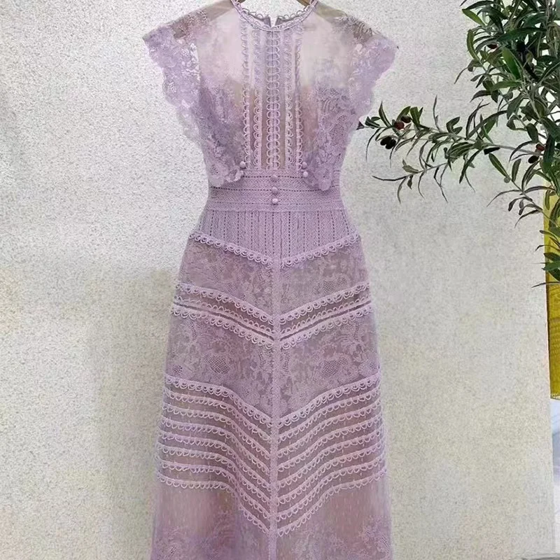 New Fashion Purple Lace Midi Dress Vintage Women O Neck Sleeveless Embroidery Flower Hollow Out Slim Party Vestidos