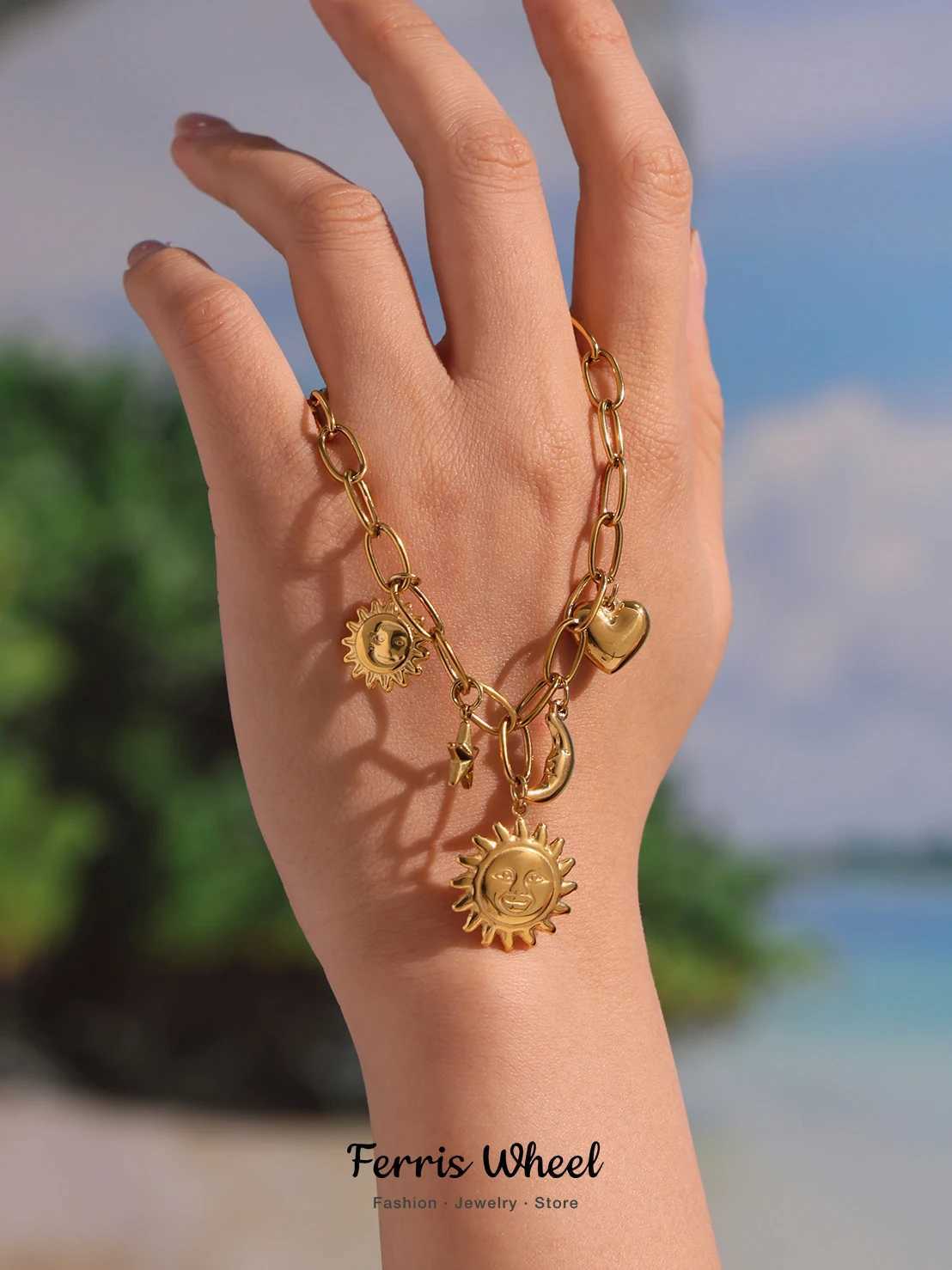 Ferris Wheel Sun Moon Pendant Bracelets de charme en acier inoxydable pour les femmes Bracelet de luxe étanche plaqué or XJ250611