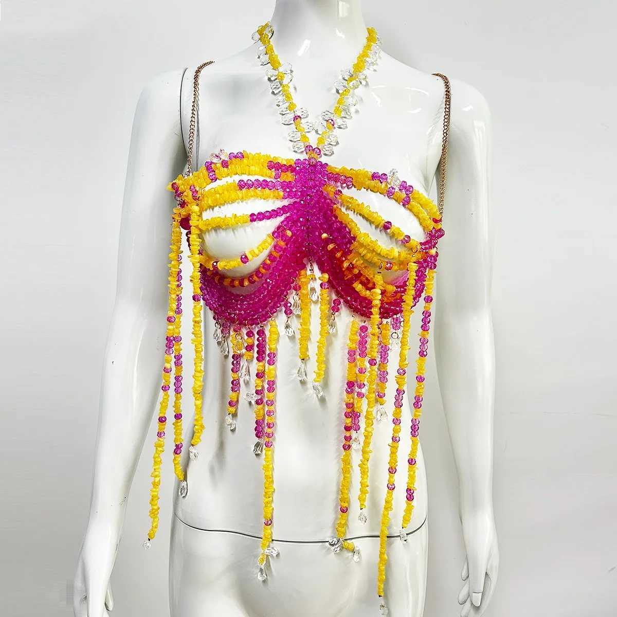 Y2K Crochet Halter Neck Harness Tassel Bra Cover Festival Wear Beaded Fringe Bralette Body Chain Rose Red Crystal Top W250611-image-1061510977