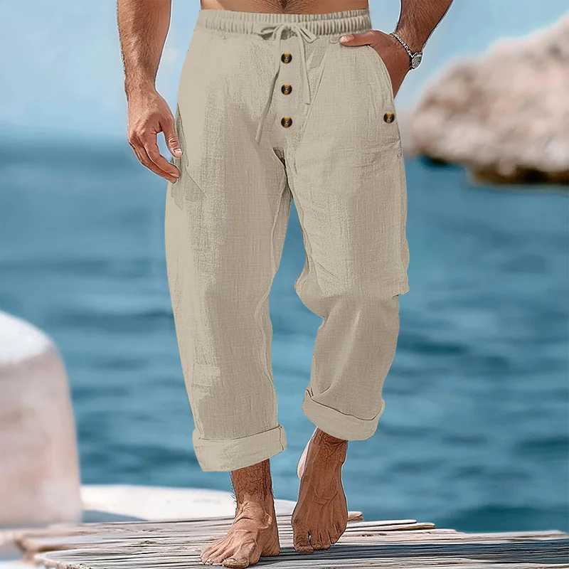 2024 Spring and Autumn New Beach Pants Solid Color Cotton Linen Loose Drawstring Button Fashion Casual Trousers Mens clothing XJ250611
