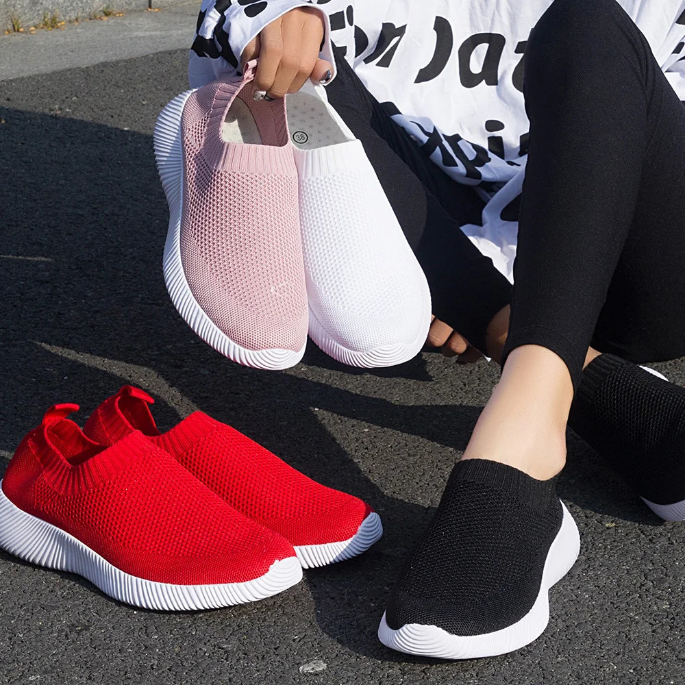 Chaussures féminines de printemps tricot tricot baskets femmes chaussures plates décontractées baskets respirantes plates chaussures de marche po