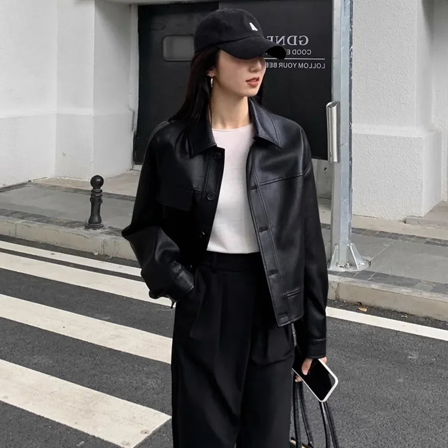 Korean Chic Autumn Loose Casual Long Sleeve Biker Jacket Womens Short Coat Single Button Notch Collar Leather Shirt 250606