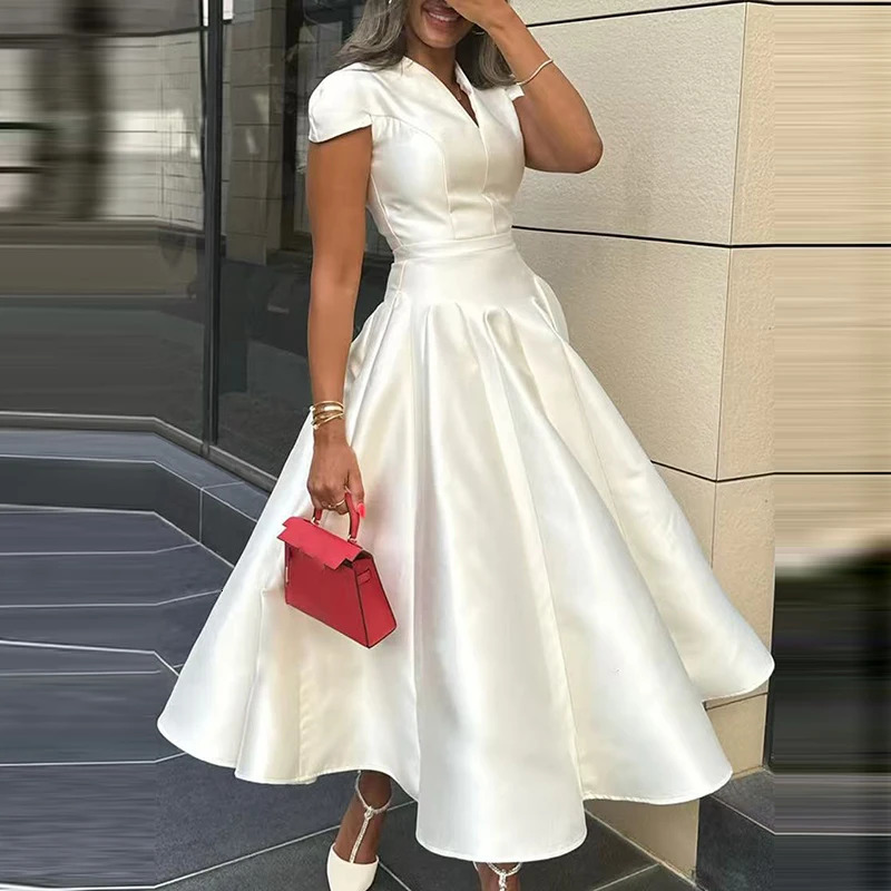 Spring Womens Pleated ALine Dresses Sexy V Neck Solid Satin Ball Gown Dress Elegant Short Sleeve High Waist Banquet Dress 250609