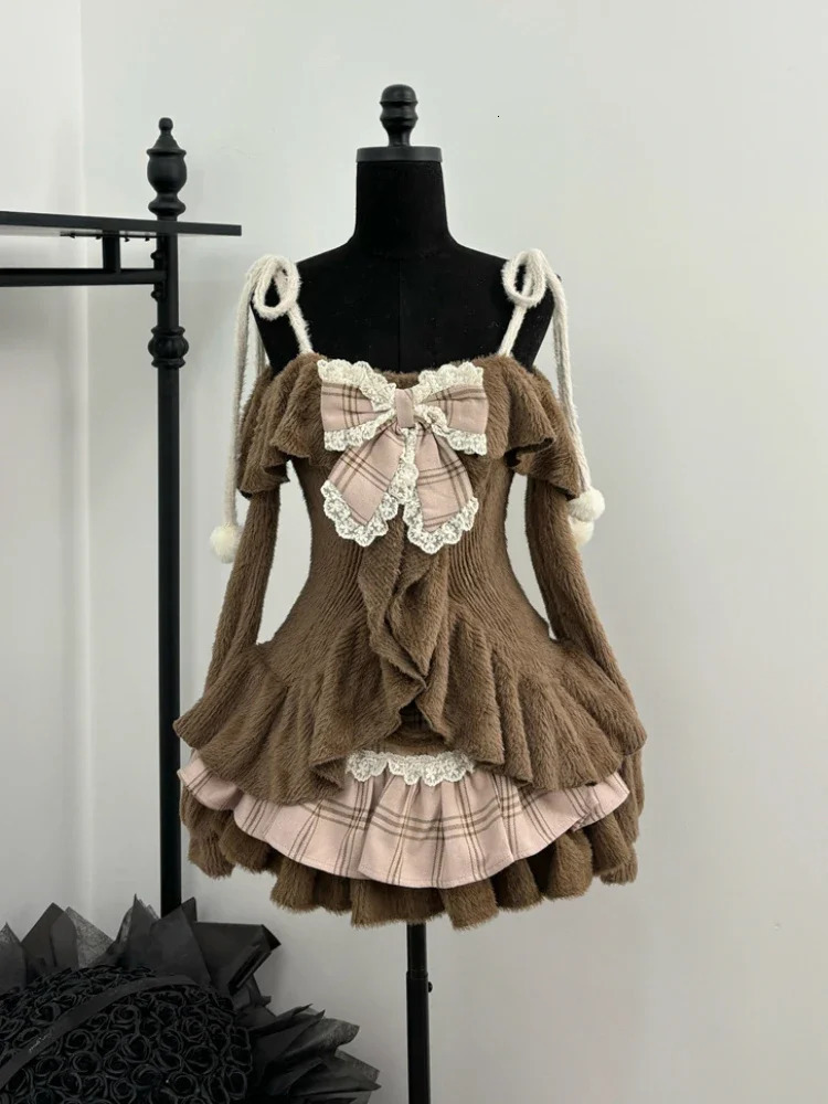 Sweet Kawaii 2 Piece Set Japanese Y2k Brown Retro Tops Chic Mini Cake Skirt Female Princess Elegant Outfits Spring 2025 250611Z