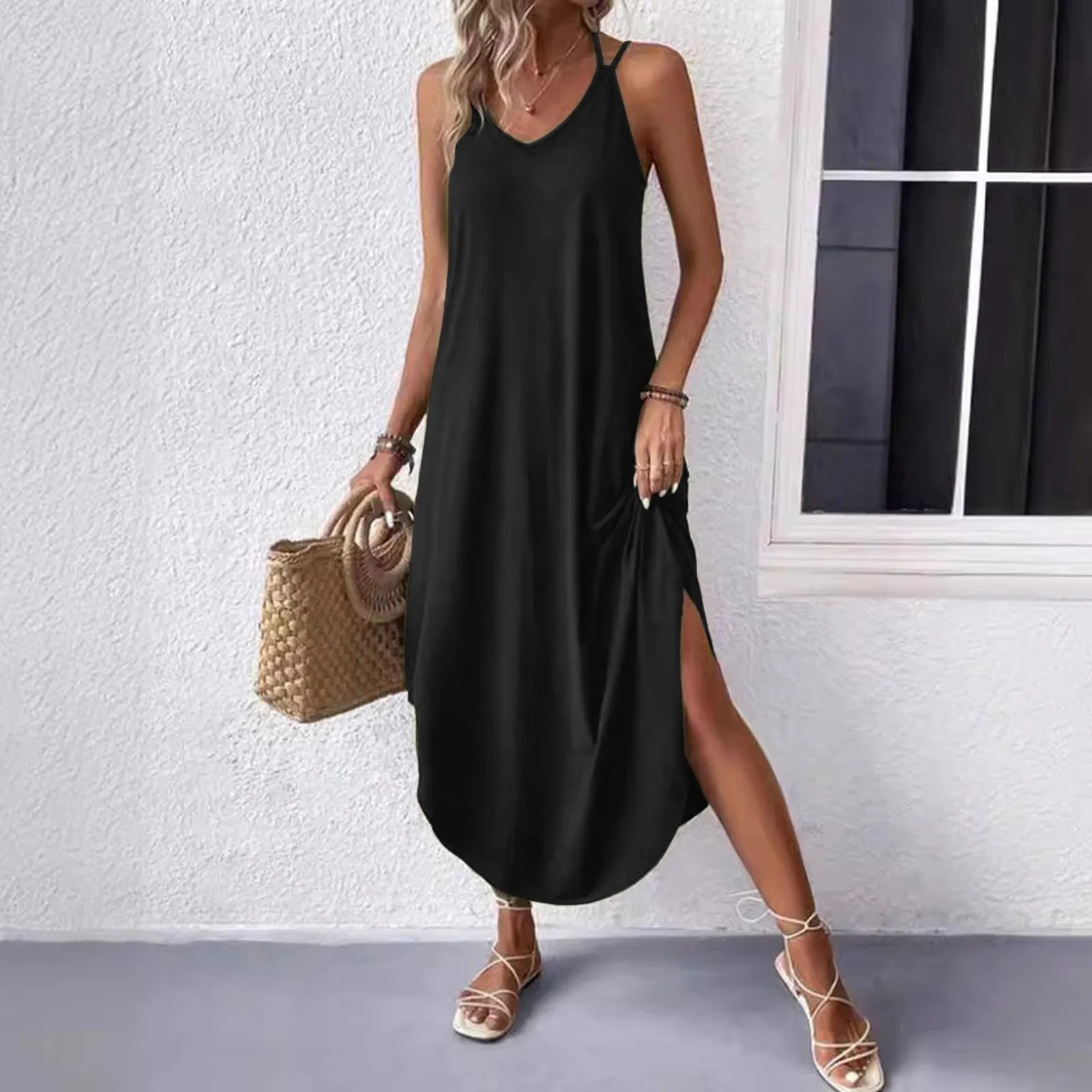 Womens Curve Hem Flowy Dresses Summer Sleeveless V Neck Loose Fit Long Dress Suspender Solid Color Casual Daily Dresses 250606