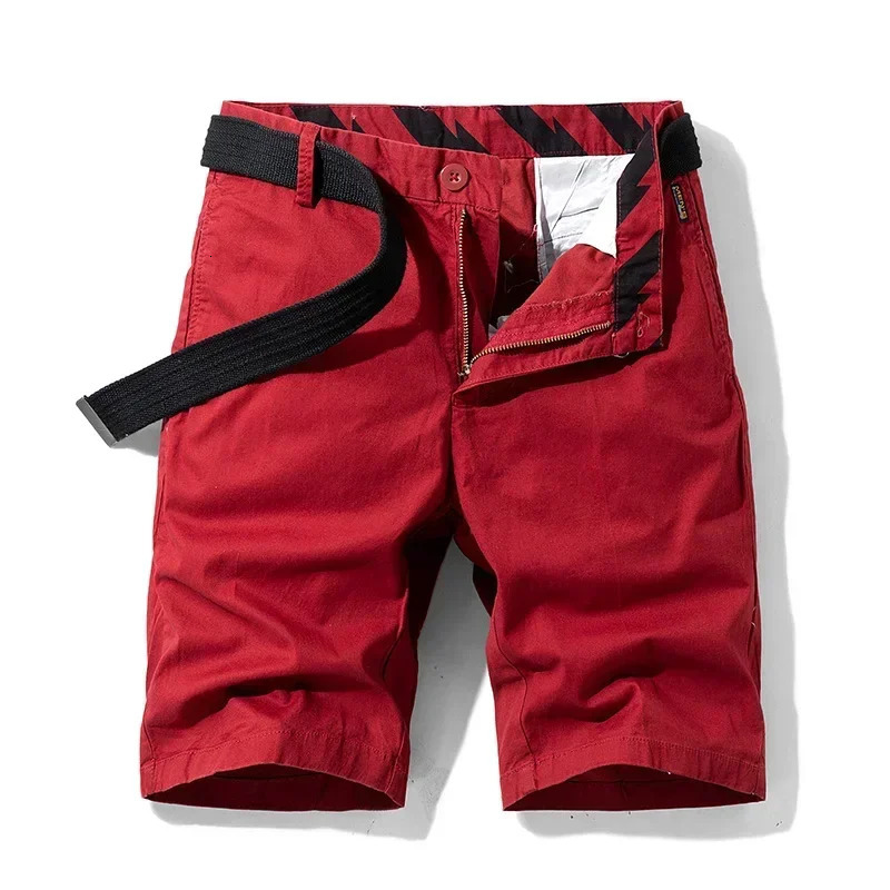 2025 Summer Mens Cargo Shorts Straight Loose Casual Red Multipockets Cotton Male Short Pants Comfort Bermuda Masculina 250603