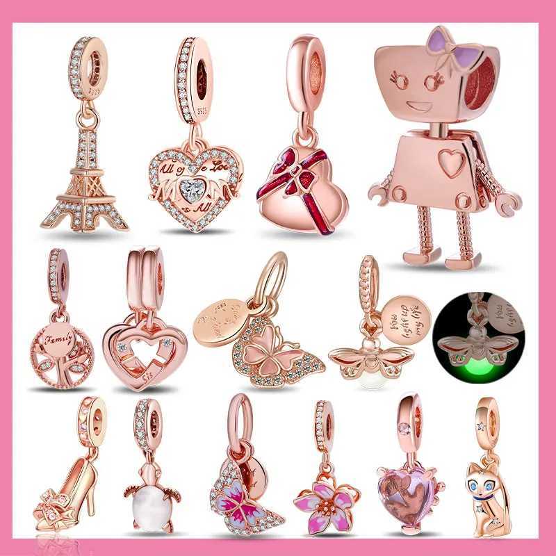 925 Sterling Silver Real Rose Gold Pink Octopus Summer Turtle Heart Dangle Charm Fit Original Bracelet Necklaces Bracelet Girl XJ250611-image-1061519242