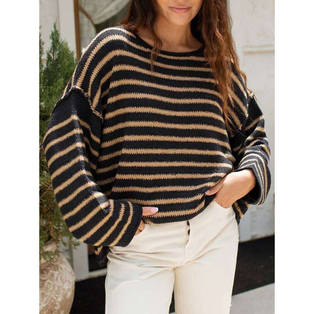 KEXU Women Warm Oversized Knit Ribbed Stripe Long Sleeve Pullover Sweater 2024 New Fashion Autun Winter Casual Outwear