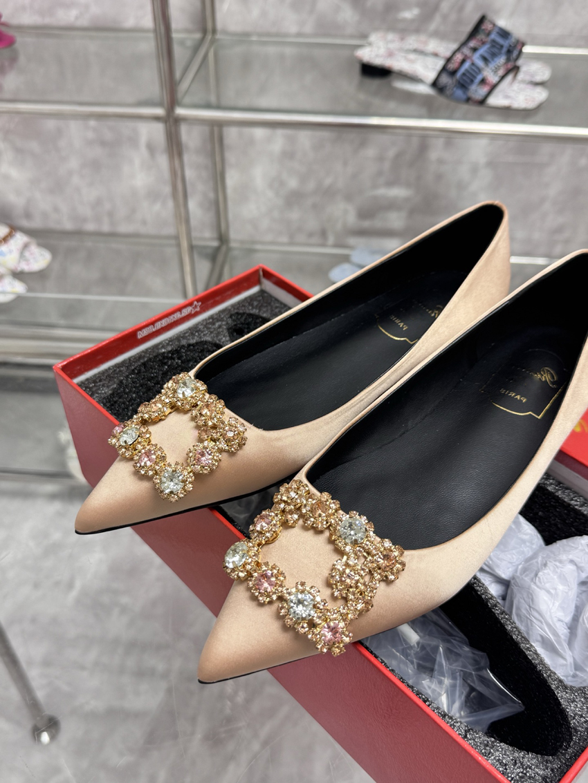 Fashion Women Ballerinas Efflorescence Sandals Pumps Italy Black Nude Silk Diamond Square Buckle Decoration Designer Summer Dance Baller Flats Sanda