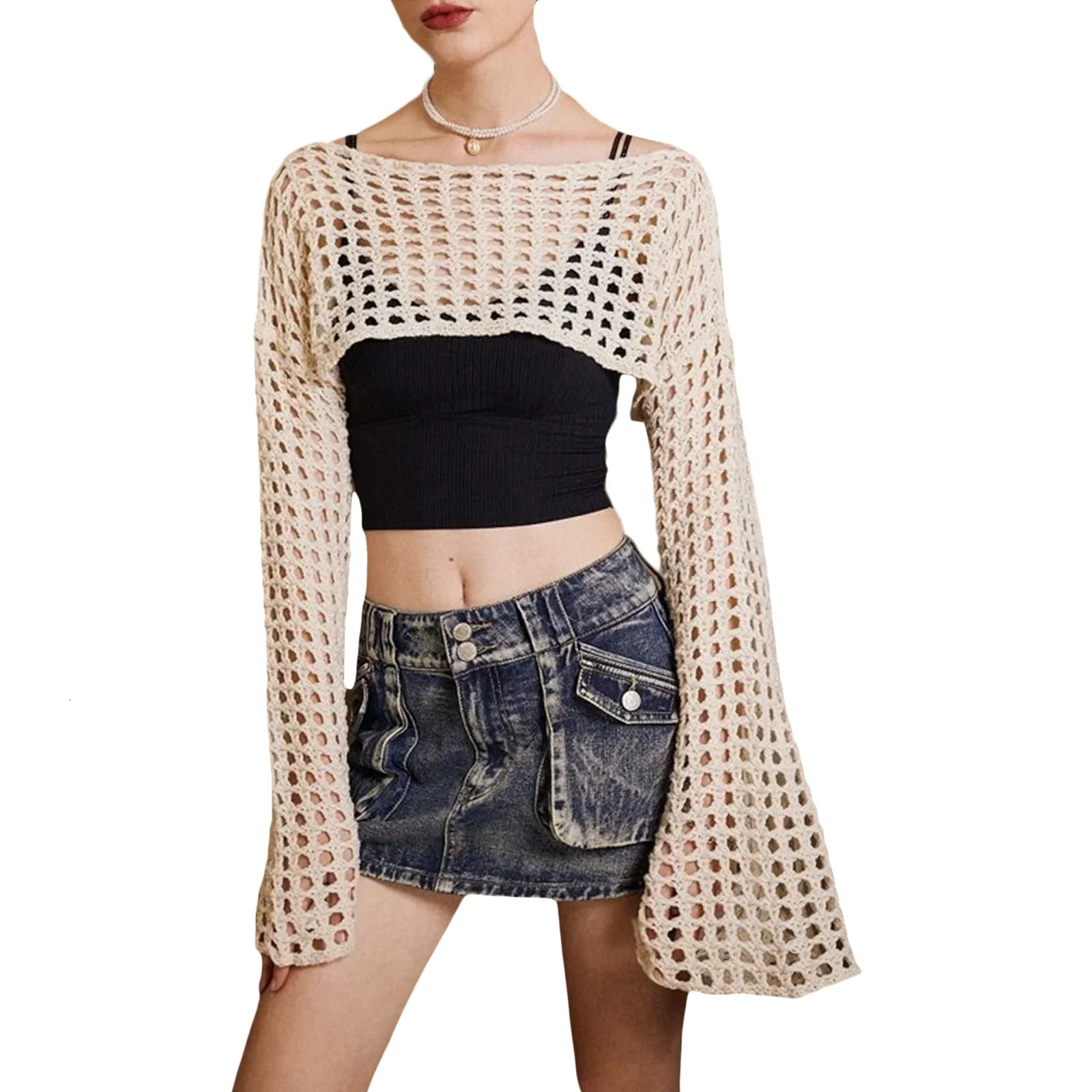 Womens Y2K Knitted Shrugs Crop Tops Crochet Hollow Out Cutout Long Sleeve Bolero Sweater Smock Top Beach Cover Ups G black 250606