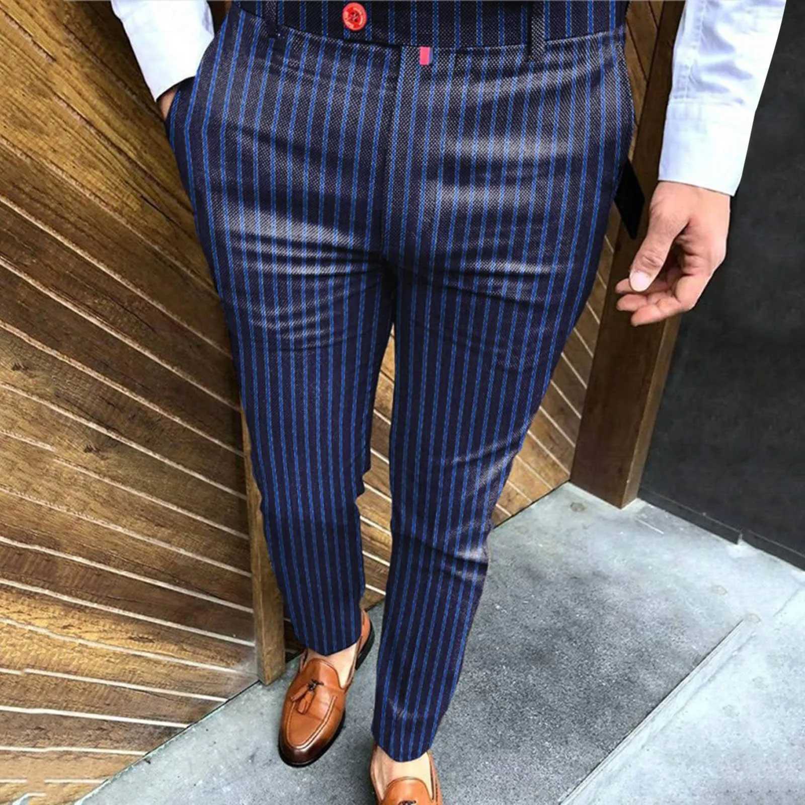 MenS Elastic Foot Pants With Pockets Casual Striped Printed Party Suit Pants Business Fashion Casual Pants Male Brand Trousers XJ250611
