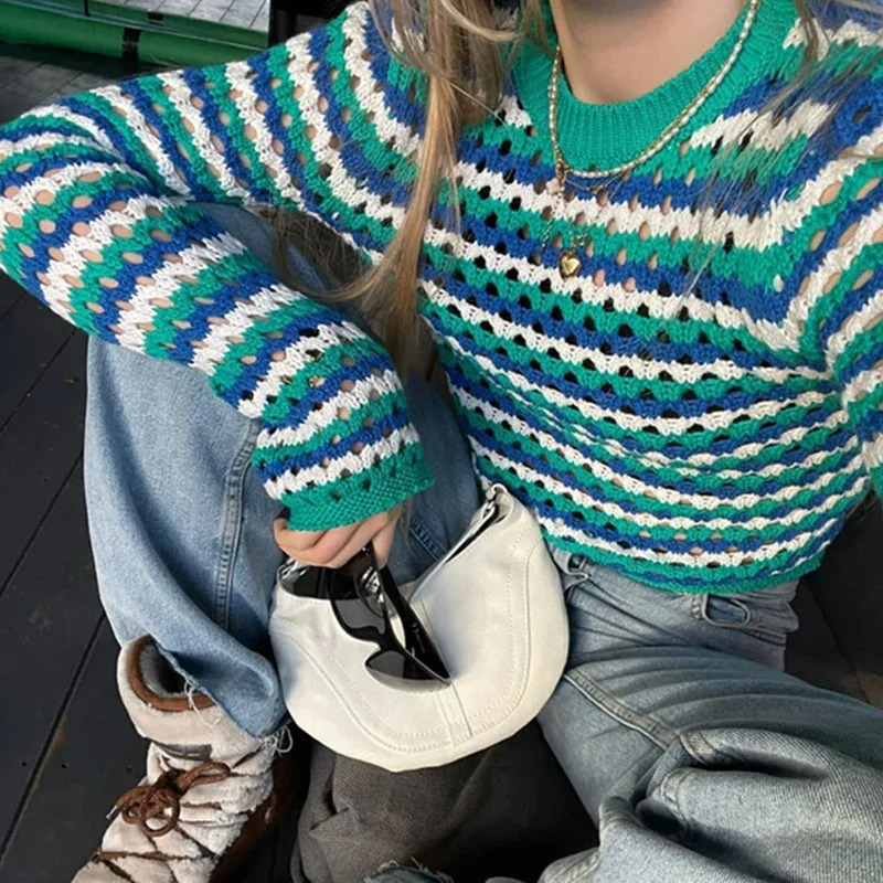 Crop tricot à rayures à rayures Vintage des années 90 y2k crochet creux à manches longues pliers t-shirts esthétique T-shirt rétro Pull Femmes 25