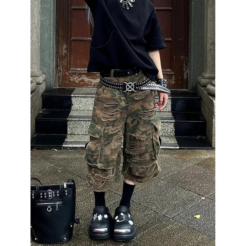 Femmes jeans courts camouflage américain déchiré y2k streetwear streetwear large pantalon de jambe féminin