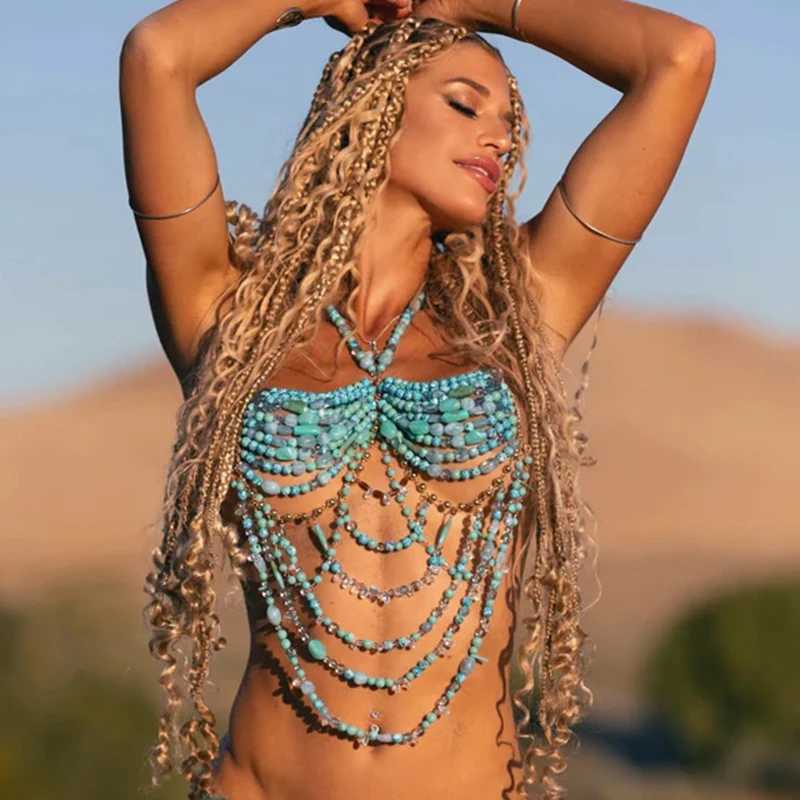 2025 Handmade Gemstone Top Pearl Chain Bra Body Jewelry Layered Crystal Cover Up Bikini Beach Wear Beaded Rave Bralette W250611-image-1061511266