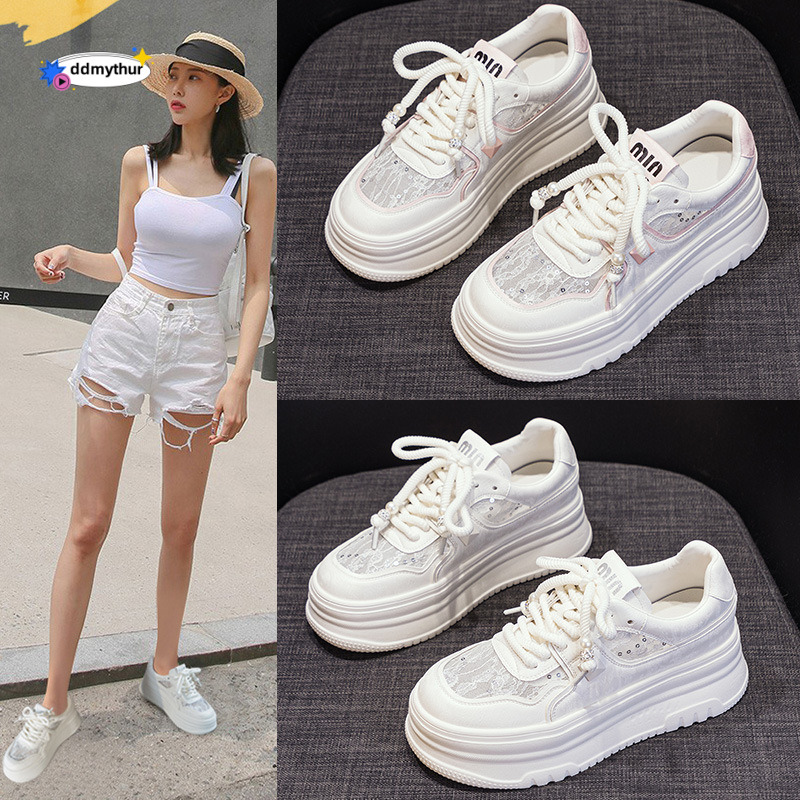 White for Women 2025 New Spring Sports Versatile Genuine Leather Lace Mesh Shoes Platform Thick Sole Sneakers ddmythur