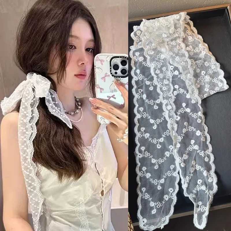 2025 Fashion White Lace Embroidery Head Scarfs for Women Korean Hair Scarf Long Ribbon Bowknot Hairbands Spring Summer Headwear Z250611