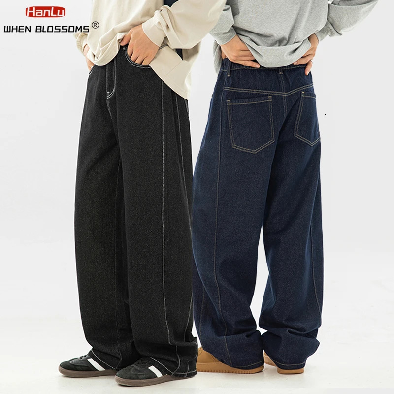 Hanlu Spring Mens rétro large jambe de jambe Baggy Dark Wash American Straighleg Style Loose Denim pantalon 250610