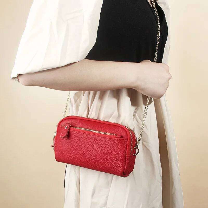 Sacs à bandoulière en cuir véritable pour femmes, pochette à Double fermeture éclair, portefeuille à chaîne, sacoche en cuir de vache pour téléph