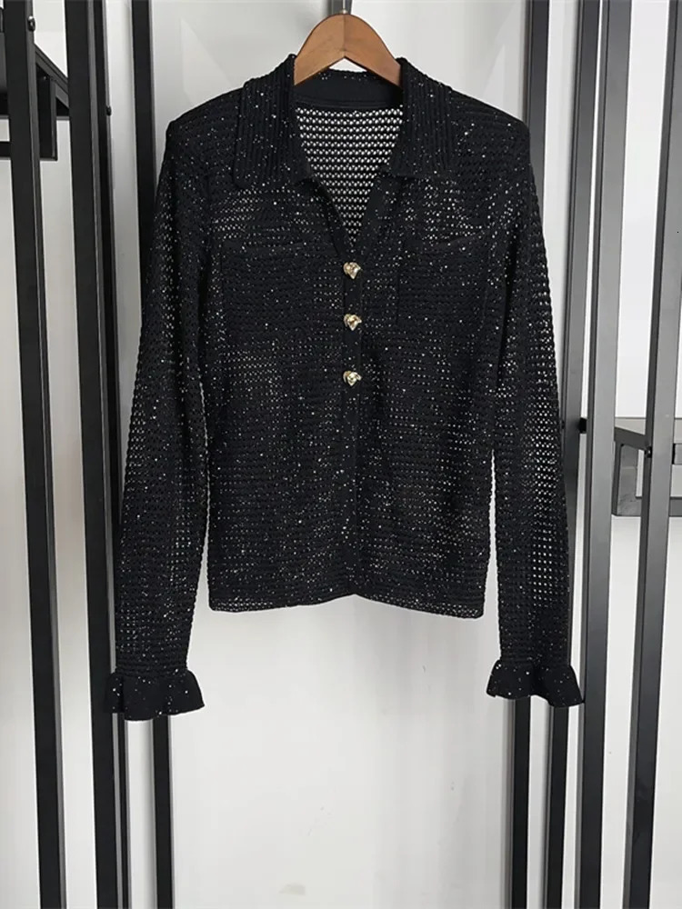 Black Women Sequin Single Breasted Casual V-Neck Hollow Out Knitted Cardigan Top 250606