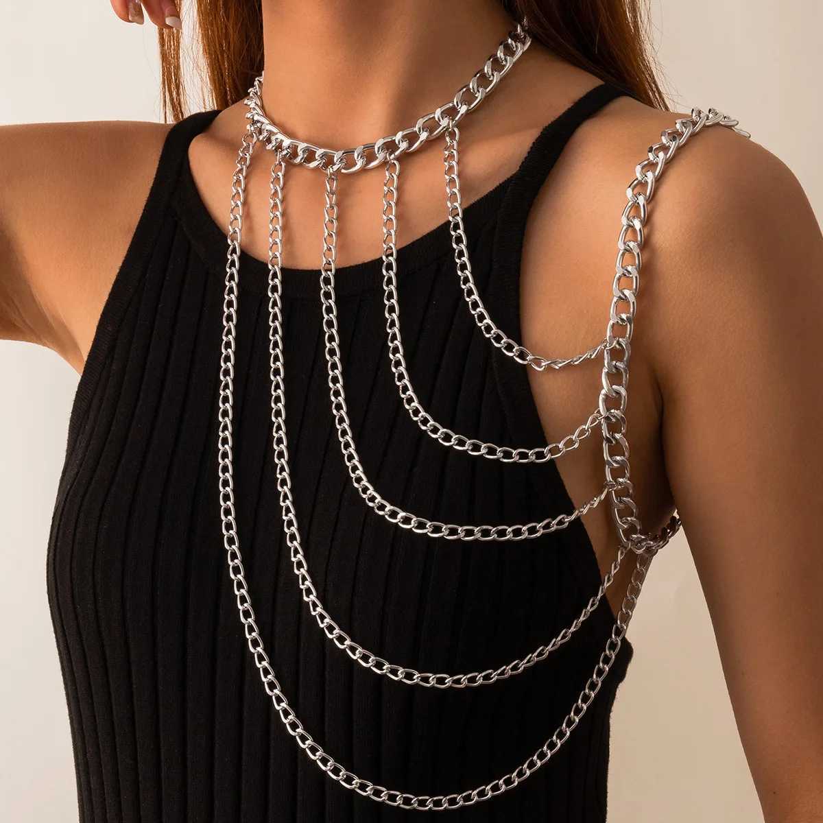 Harness Heavy Metal Body Jewelry For Women Sexy One Shoulder Chain Necklace Beach Bikinis bodychain y2k Party Grungy Accessories W250611-image-1061511195