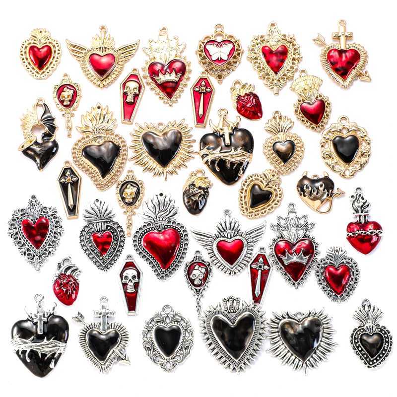 5-10Pcs Antique Silver/KC Color Gothic Catholic Sacred Heart Charms Halloween Vampire Wing Love Pendant DIY Handmade JewelryXJ250611-image-1061516981