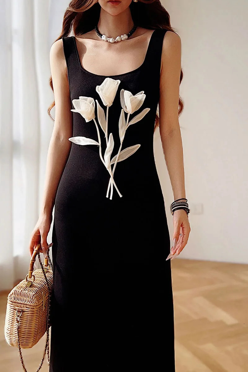 Summer Solid Knitted Spaghetti Strap Dress Womens Square Collar Sundress AnkleLength Skirt Y2K DABUWAWA DM2BDX007 250609