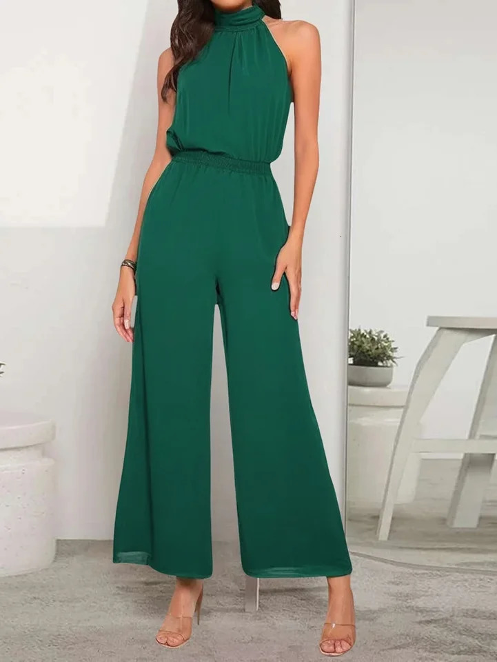 2025 Spring and Summer Womens Casual Solid Colour Hanging Neck Sleeveless WideLeg Jumpsuit Choice for 250603