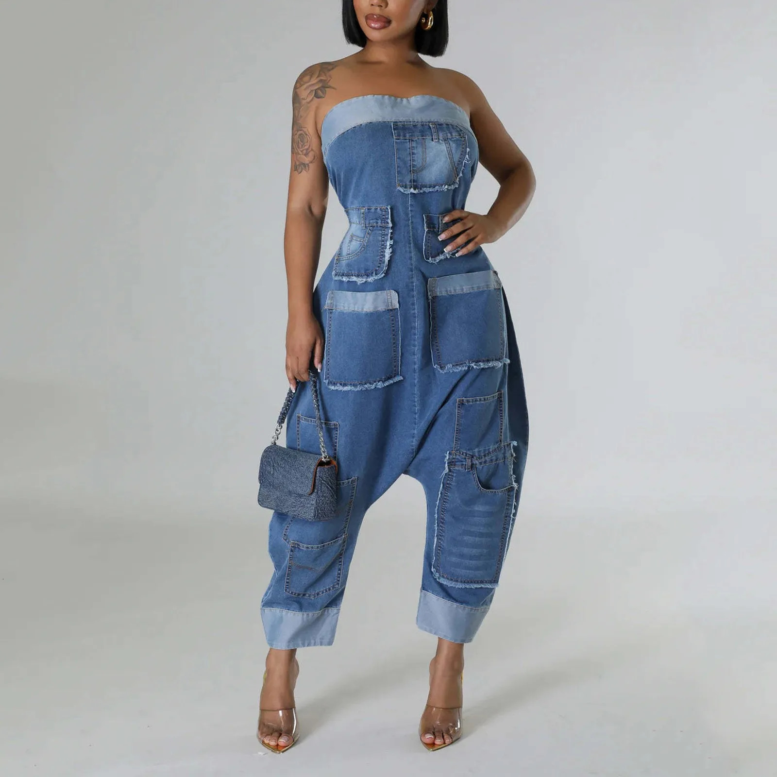 Womens Fashion Square Neck Strap Casual Skinny Overall Bodysuit Solid Color Straps n Pants Pocket Loose Rompers 250609