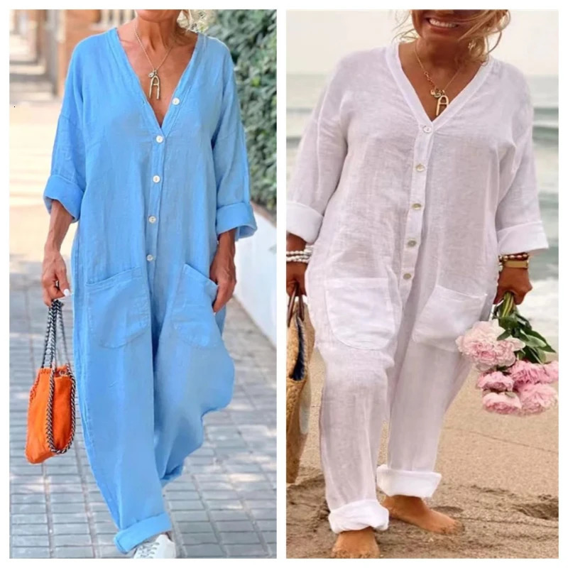 Summer Cotton and Linen Jumpsuit Womens Casual Vneck Button Fashionable Loose Large Pocket 250603