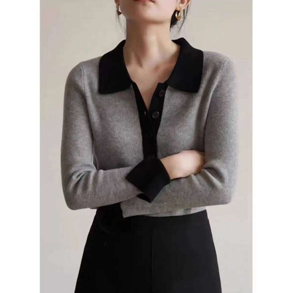 Autumn Winter New Woman 100% Merino Wool Sweater Soft Polo Collar Contrast Color Pullover Knitted Tops Cashmere Female Clothing