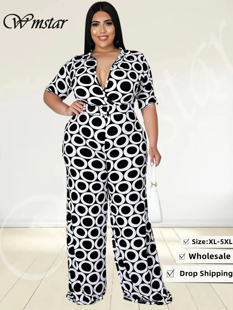 Wmstar Plus Size Women Jumpsuit Summer Clothes Printed V Neck with Belt Urban Leisure Bodysuit Wholesale Drop 250603