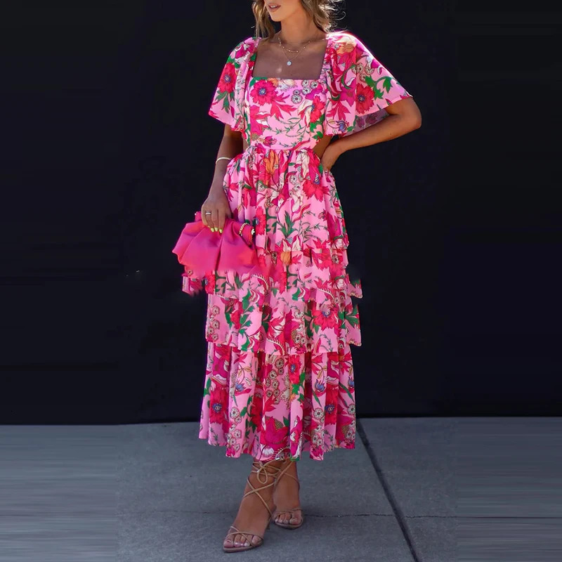 Fashion Square Neck Short Sleeve Holiday Dress Women Sexy Hollow Waist Party Elegant Floral Printed Layers Hem Long 250609