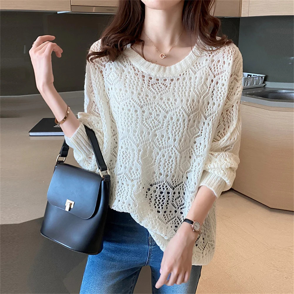Hollow Out Spring Summer Loose Knitted Pullover Tops Fashion Thin Cool Pullover Shirts Yellow O-neck Mesh Tops Ladies Sweaters 250606