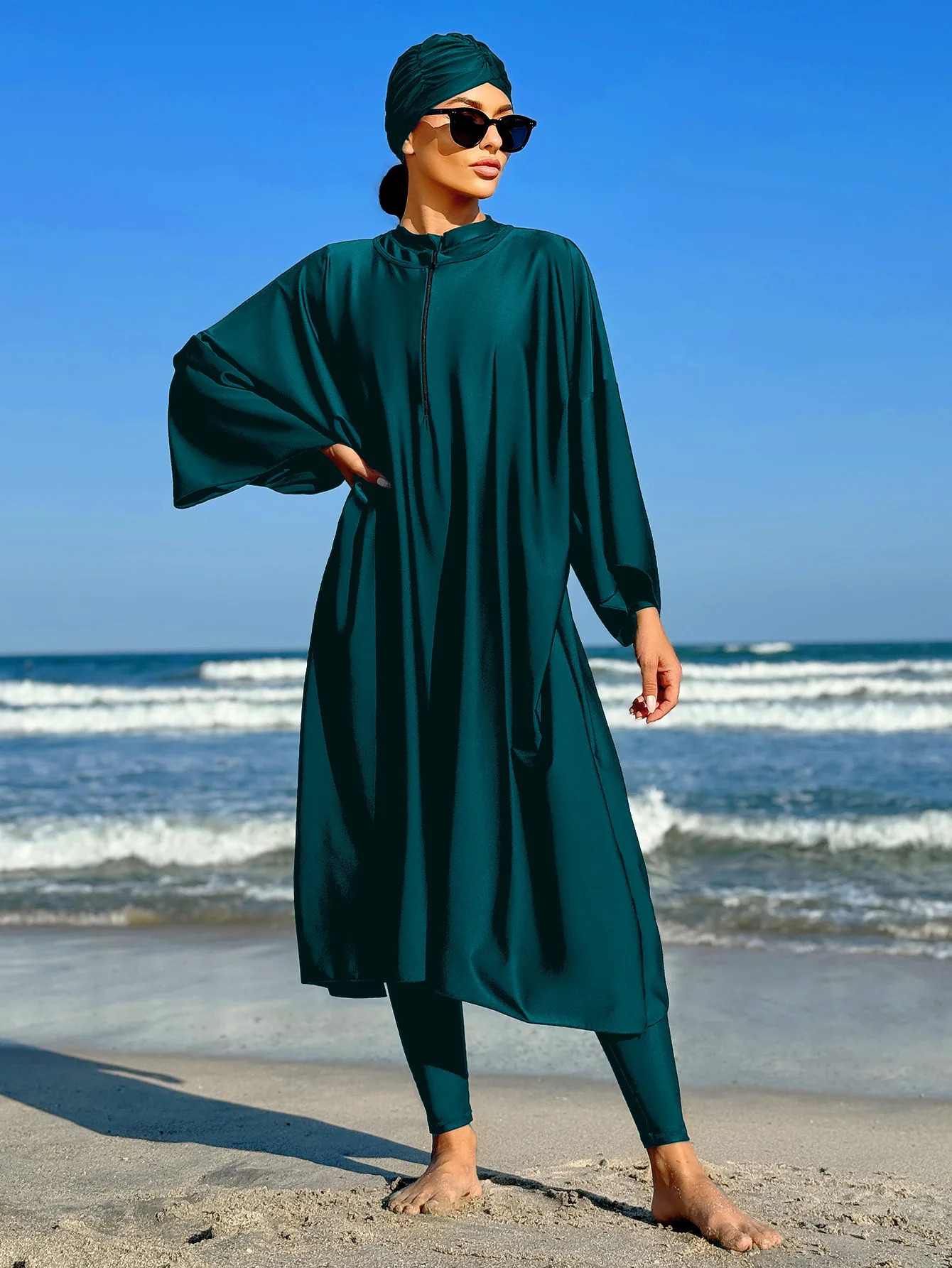Muslim All Covered swimsuit Loose Swimwear for Women solid color long sleeved Robe and one-piece swimwear with Hijab 250605