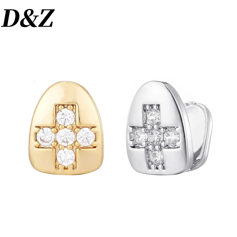 D Z Hip Hop 2pcs Iced Bling Cubic Zircon Cross Teeth Caps Micro Pave Top Bottom Charm Grills For Men Women Jewelry 250610