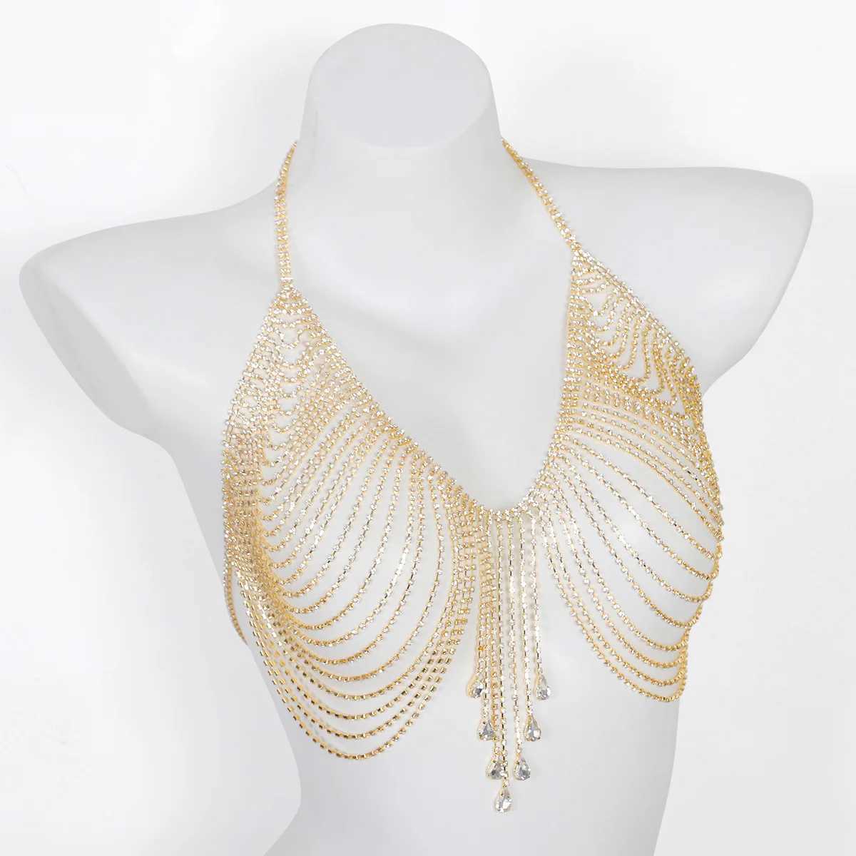 Fashionable Water Droplet Tassels Light Luxury Style Striped Rhinestone Chest Chain Ladies Body Chain Jewelry W250611-image-1061510867
