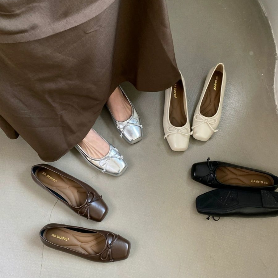 Piaohong Bowknot Square Toe Soft Sole Women's Shoes 2024 Spring New Shallow Mouth Flat French Ballet Small Silver Loafers for Women ddmythur
