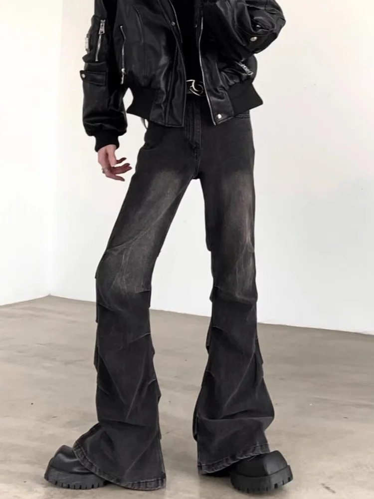 Cyber Y2K Streetwear Pleated Slim Flare Jeans Pants For Men ner Clothes Washed Black Cotton Long Trousers Mens Clothing 250610