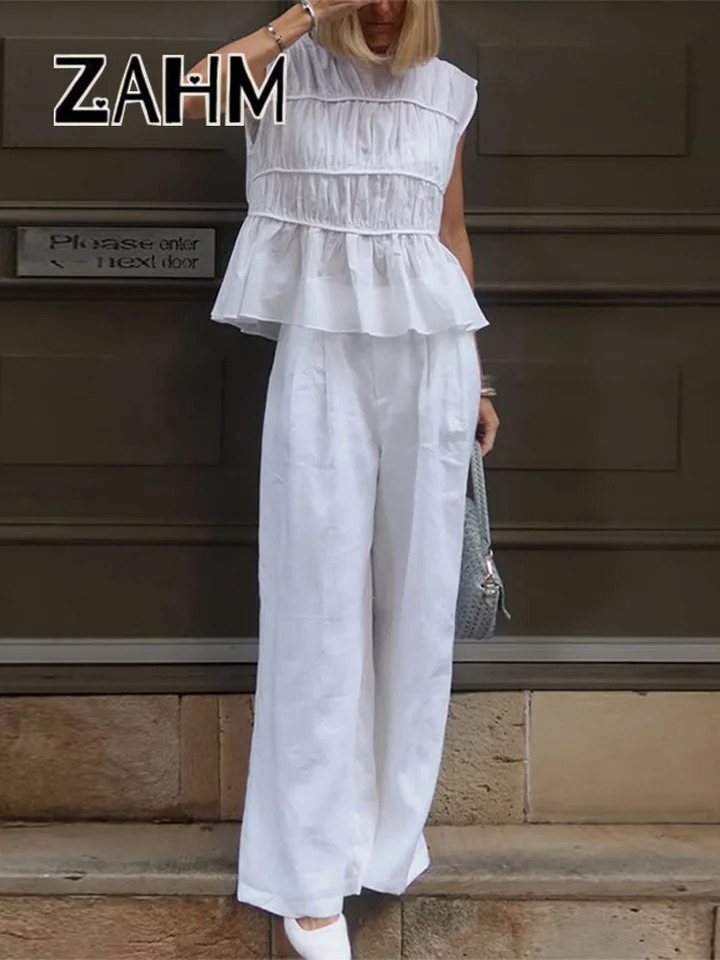Elegant Pleated Tank Top Pants Sets Women Sleeveless Ruffles O-Neck Tops High Waist Wide Leg Pant Summer Lady Streetwear 250606