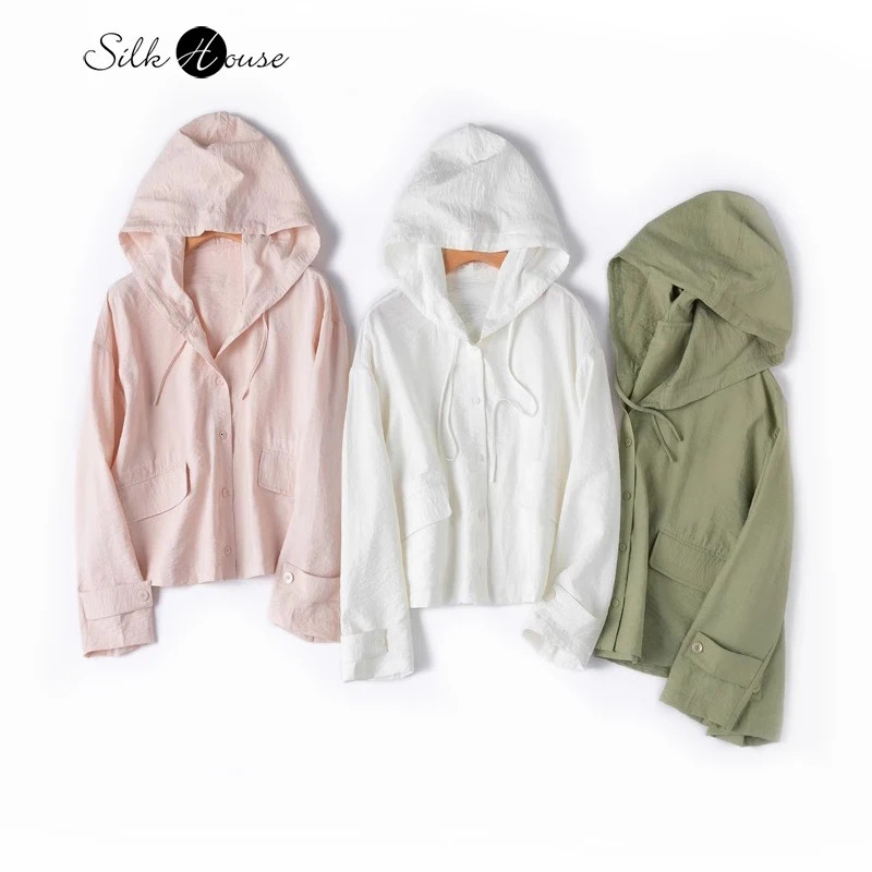 Loose Short Style 76% Natural Mulberry Silk Dry Hooded Casual Womens Fashionable Long Sleeved Sun Protection Clothing 250609