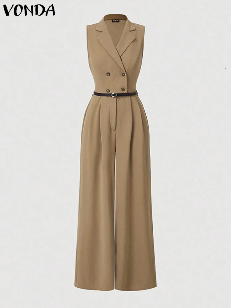 Plus Size 5XL VONDA Elegant Women Jumpsuits Sleeveless Playsuits Solid Color Rompers Casual Lapel Collar Wide Leg Bottoms 250609