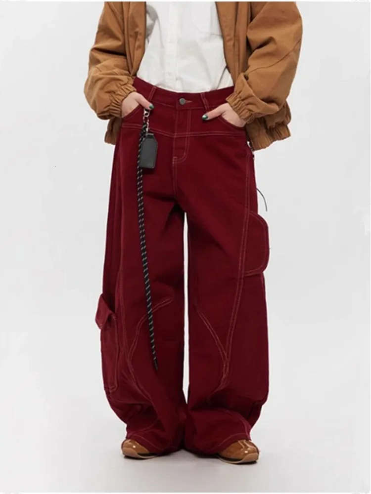 Cyber Y2K Fashion Red Patchwork Baggy Cargo Jeans Pants For Men ner Clothes Wide Leg Women Denim Trousers Ropa Hombre 250610