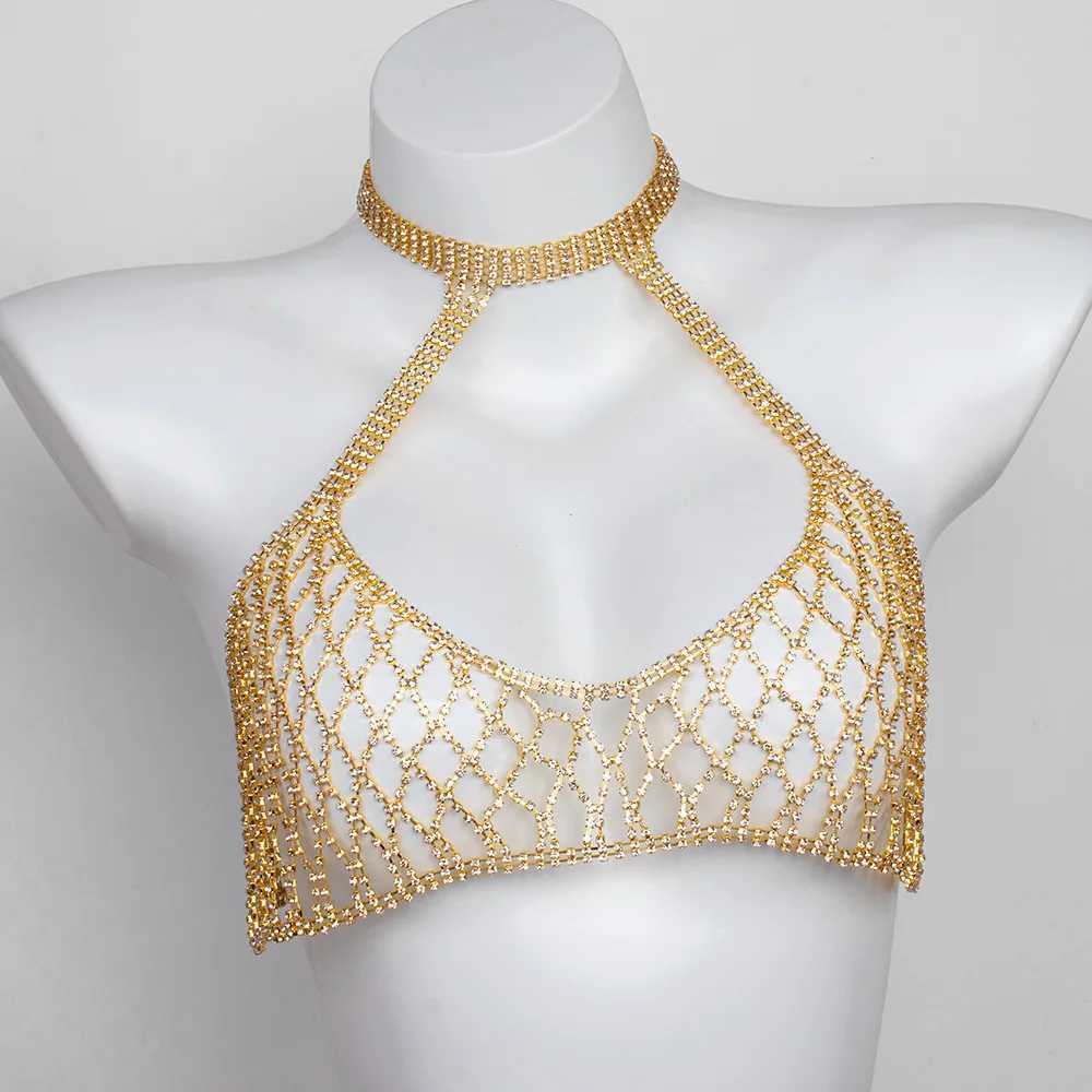 Light Luxury Hanging Neck Style Mesh Rhinestone Chest Chain Womens Body Chain Jewelry W250611-image-1061511081
