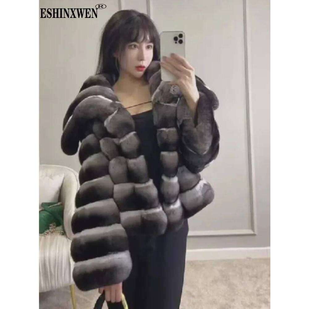 Eshin Women's Fur Coat, Patchwork Hooded Short Jacket with Fox Fur Collar, Full-Pelt Striped Cut, Cashmere Lining, Cotton Liner, Loose Fit, Single-B