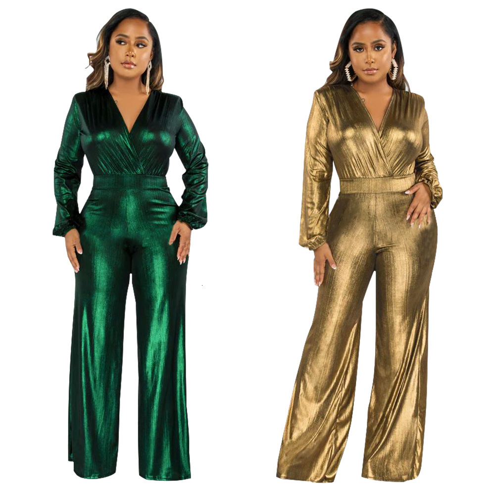K10317 Womens sexy V-neck lantern sleeve gilt jumpsuit in autumn