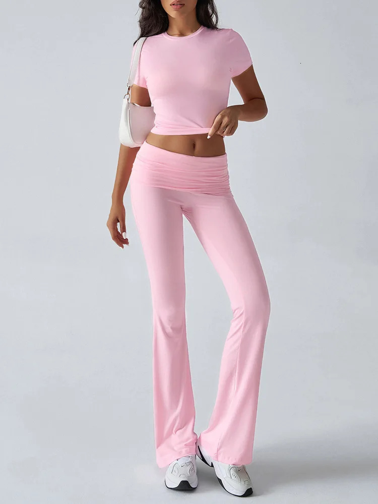 Womens Sexy Tops Suits 2025 Summer Latest Casual Solid Color Yoga Suit Slim Fit Sports Short Sleeved Pants Two-Piece Set Outfit 250609
